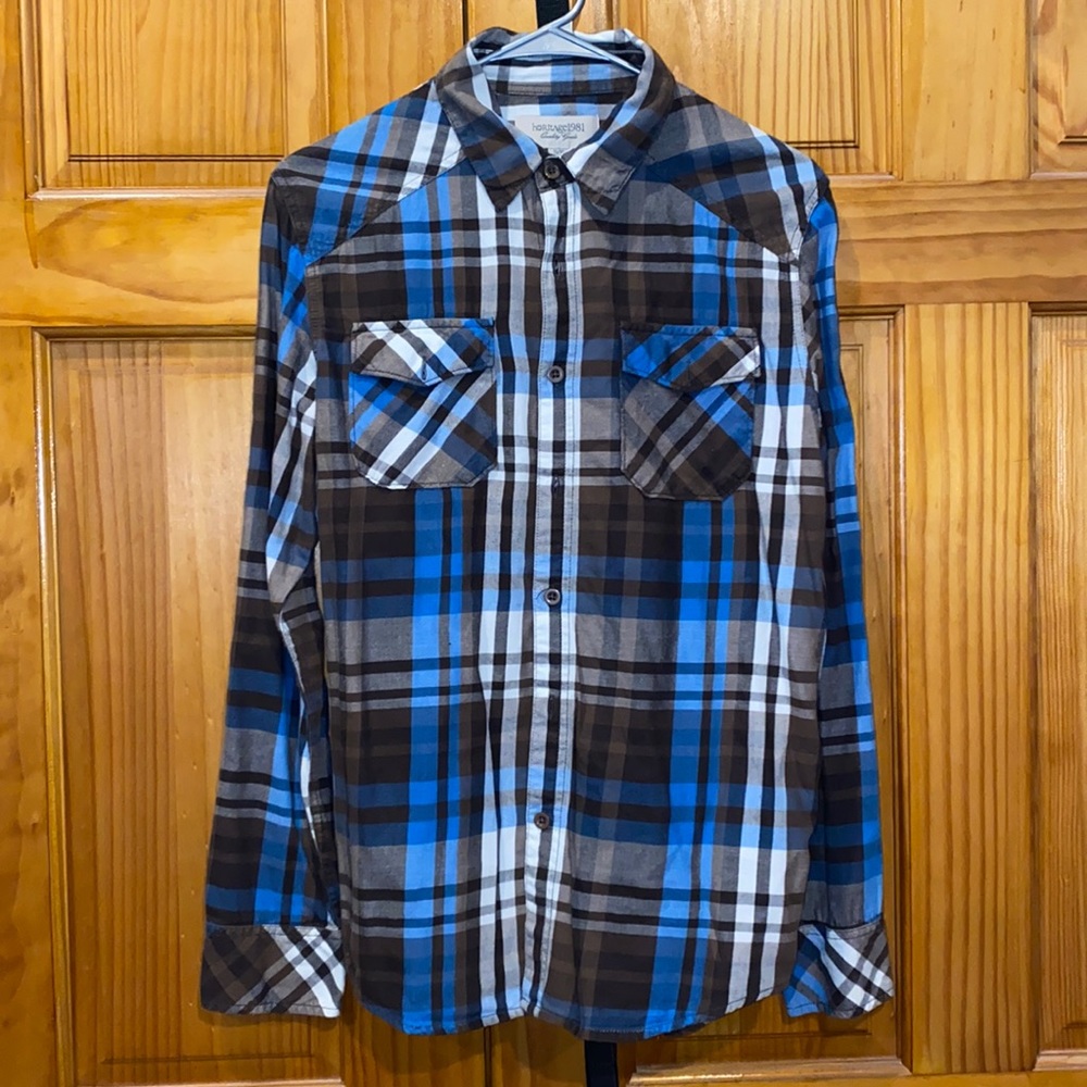 Heritage 1981 Forever 21 Brown and Blue Plaid Long Sleeve Button-up Men’s Small